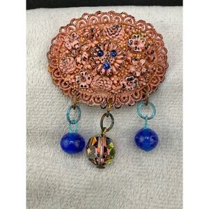 Vintage Celluloid Brooch Plastic Pink Beaded‎ Rhinestone Blue